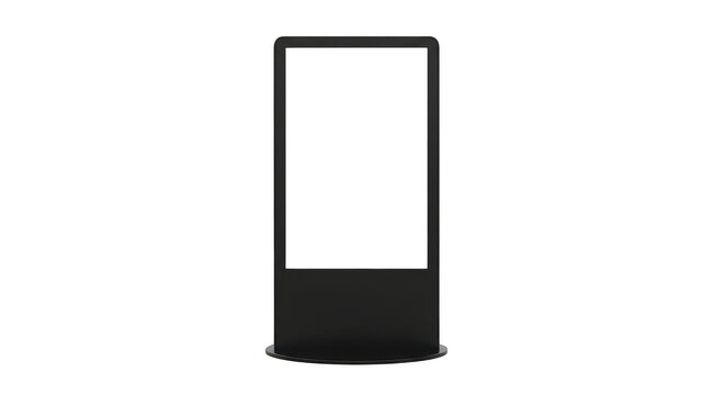 Black digital signage kiosk with blank vertical display isolated on transparent background