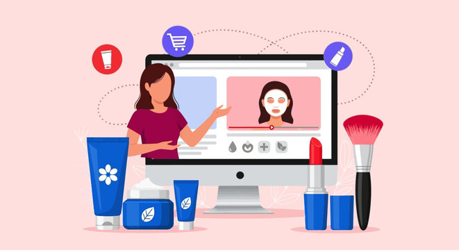 Woman using computer with makeup products, online beauty tutorial, skincare concept