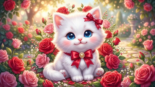 Adorable fluffy white kitten with sparkling blue eyes, a cute red bow, sitting in a magical rose garden, whimsical fantasy pet portrait, charming animal illustration for children's books and