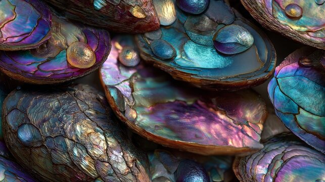 Ultra realistic 4K HD close up of opalescent abalone shell texture with iridescent pearly colors, detailed nacre pattern, shimmering marine surface, natural shell macro background.