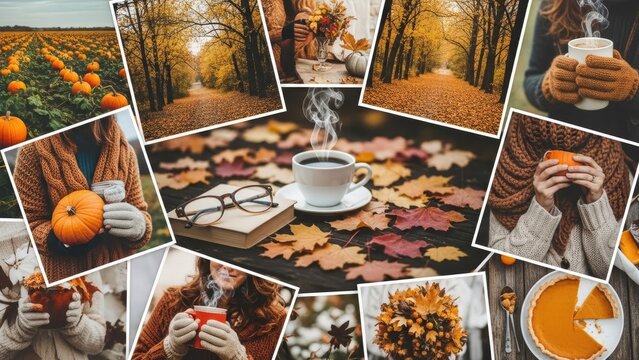 Autumn lifestyle collage with pumpkins, coffee, and fallen leaves.