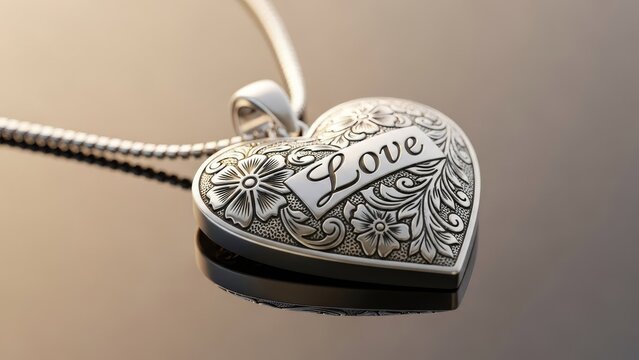 Engraved silver heart locket necklace with floral patterns.
