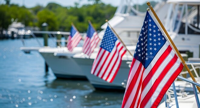 Row of american flags on boats at a marina