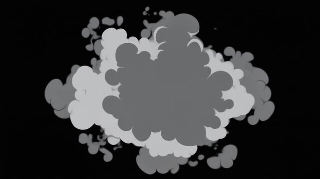 Animated gray smoke explosion icons. Four identical smoke clouds on a black background. Seamless loop motion graphics for visual effects