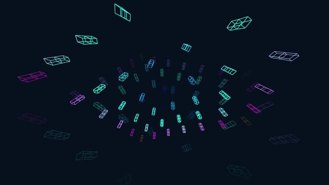 Geometric wireframe cubes floating in a dark digital space. Modern technology presentation background and data visualization graphic element