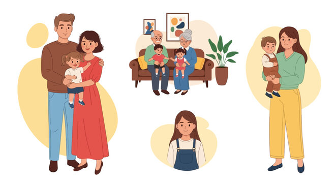 Family illustrations, happy people with children, home background, concept for parenting, family relationships