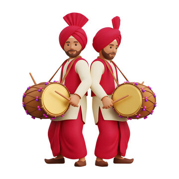 Cartoon punjabi men playing dhol drums