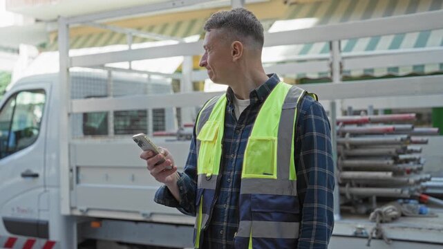 Man builder in high visibility vest holds smartphone and looks at screen beside a flatbed truck loaded with scaffolding on street; work focus.
