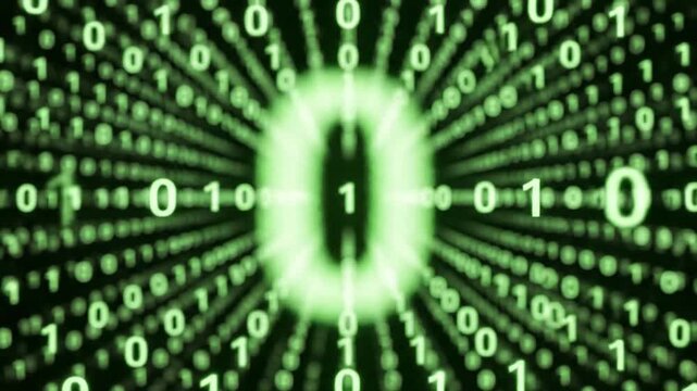 Green binary code digits flowing in a digital abstract background