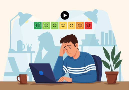 Stressed man working on laptop with mood rating scale