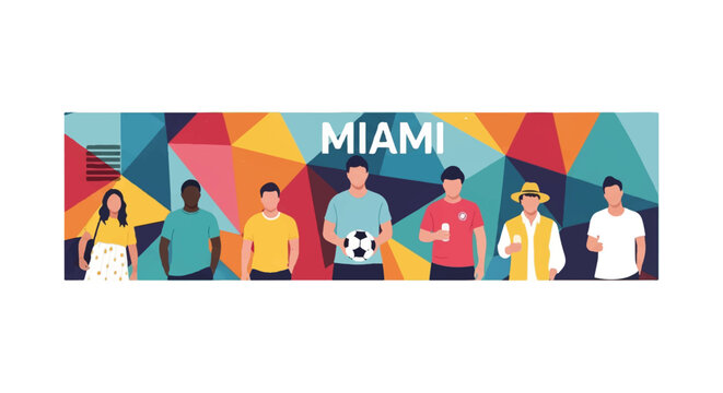 Fans posing in front of a colorful geometric mural in Miami's art district, holding a soccer ball, wearing casual summer fan gear, wide composition with ample white background space, minimalist