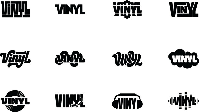 Retro Vinyl Typography Wordmark Vector Bundle with Record Player Headphones and Sound Wave Elements for DJ Club Logos Music Festival Posters Graphic Tees and Audio Theme Cricut Crafts