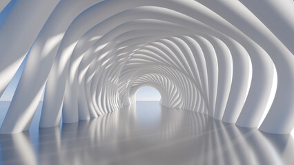 Fototapeta premium Futuristic 3D render background of an empty organic white twisted tunnel corridor under a blue sky