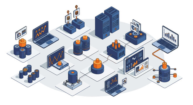 Isometric 2.5D vector collection of cloud computing infrastructure, data server farm racks, network connectivity nodes, analytics dashboards on laptops, and digital storage systems.