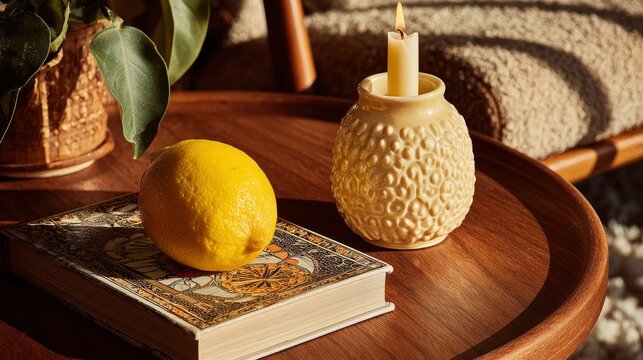 Mid-century modern still life flat-lay on round teak table with whole lemon, lit taper candle in sculptural ceramic holder, vintage graphic book, warm natural window light and subtle film grain.