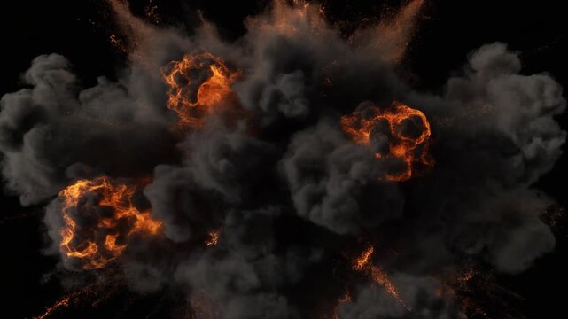 Explosive fireball bursts with intense orange flames and glowing embers. High impact visual effect for action scenes. Bright sparks radiate outward on black background. Dynamic energy sequence.