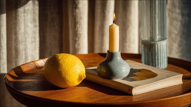 Mid-century modern still life flat-lay on round teak table with whole lemon, lit taper candle in sculptural ceramic holder, vintage graphic book, warm natural window light and subtle film grain.