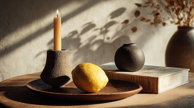 Mid-century modern still life flat-lay on round teak table with whole lemon, lit taper candle in sculptural ceramic holder, vintage graphic book, warm natural window light and subtle film grain.