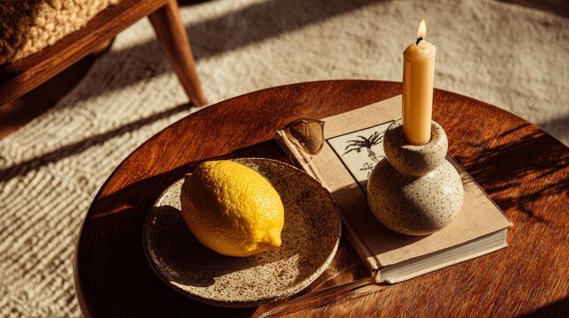 Mid-century modern still life flat-lay on round teak table with whole lemon, lit taper candle in sculptural ceramic holder, vintage graphic book, warm natural window light and subtle film grain.