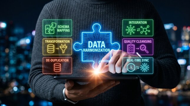 Professional interacts with a futuristic tablet displaying essential data harmonization processes for efficient business intelligence and insights.