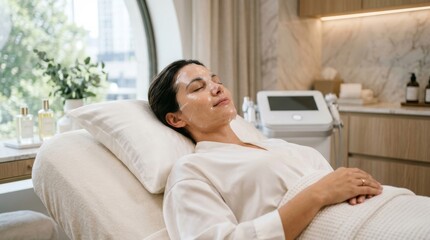Fototapeta premium Woman receiving facial treatment in luxury spa. Client lying on massage table with rejuvenating mask on face. Beauty clinic procedure, skincare therapy and professional wellness concept.