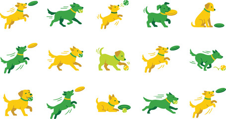 Fototapeta premium Collection of cartoon dogs playing with frisbees and balls in various poses.