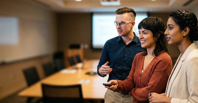 Generative AI, Diverse Professional Team Watching Presentation Together in Conference Room