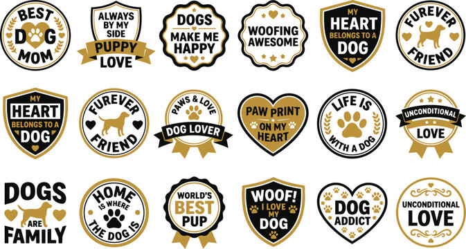 Collection of dog themed badges and emblems celebrating canine companionship and love.