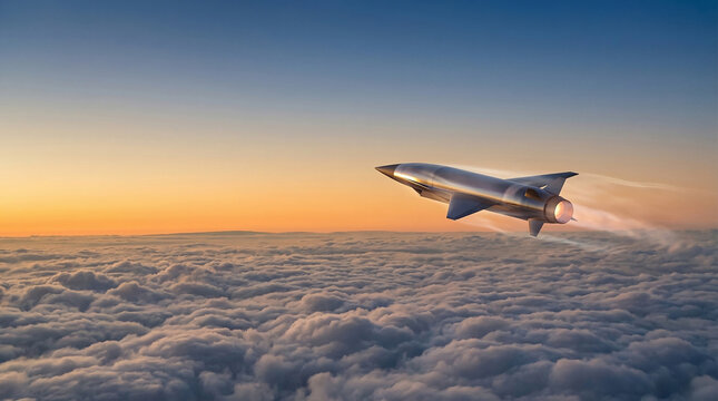 Futuristic hypersonic missile or military rocket flying fast high above dense white clouds under a beautiful clear orange sunset sky side back view shot