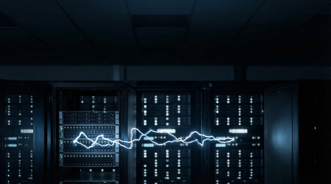 Modern data center server room with server racks and a glowing blue lightning energy wave concept representing high speed data transfer or cyber security breach
