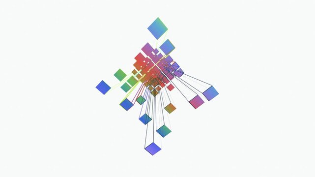 Abstract wireframe cubes with colorful gradients radiating outwards. Modern technology presentation background and digital UI UX design element