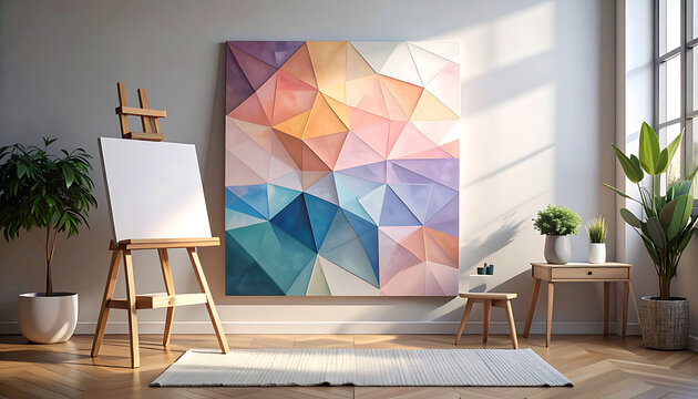 Abstract geometric canvas painting with soft watercolor pastel tones inside a sunlit studio room with wooden easel and plants
