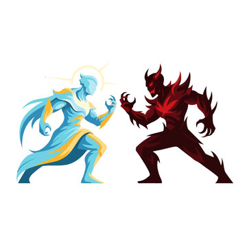 A celestial being faces off against a dark demonic creature in a fantasy battle