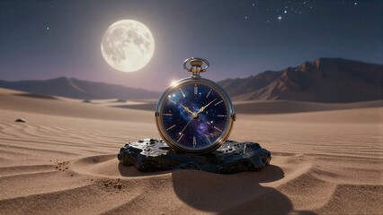 Fototapeta premium Moonlit desert holds pocket watch with cosmic face, time suspended in sand and stars.