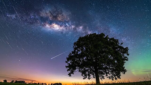 A lone tree stands under a vibrant milky way and starry night sky