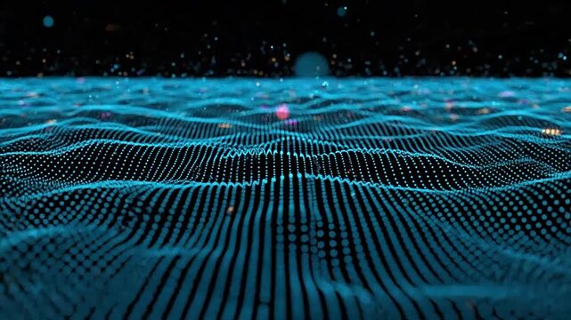 Abstract blue digital wave of glowing particles on black background