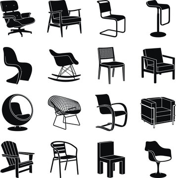Set of black silhouettes of iconic modern and classic furniture chairs