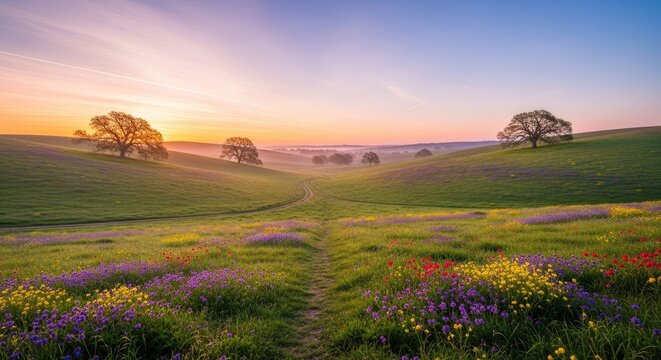 Scenic rolling green hills with purple wildflowers at sunset.