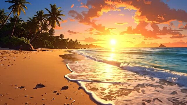 Beautiful tropical beach landscape at sunset with palm trees