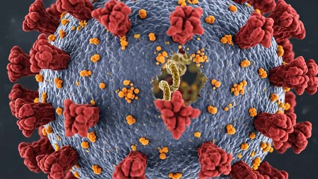 Detailed three dimensional medical illustration of a spherical virus particle