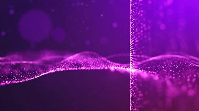 Abstract purple digital wave with glowing particles and bokeh light