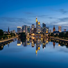 Obraz premium Frankfurt Skyline Reflections at Blue Hour