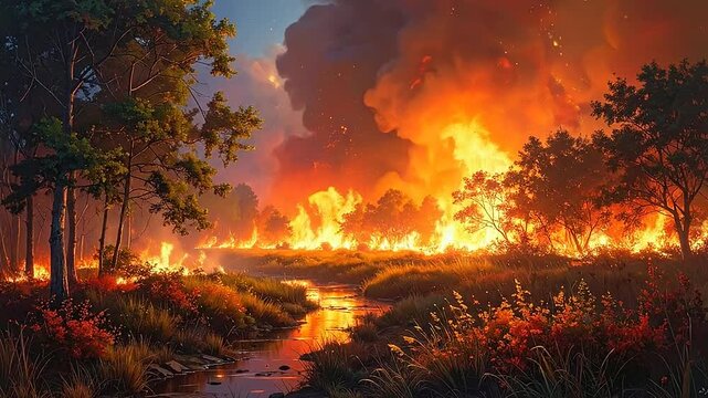 A massive wildfire burns through a dense forest near a small river