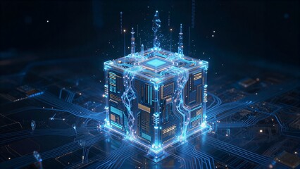 Fototapeta na wymiar A glowing blue cube with circuitry, floating on a digital motherboard.