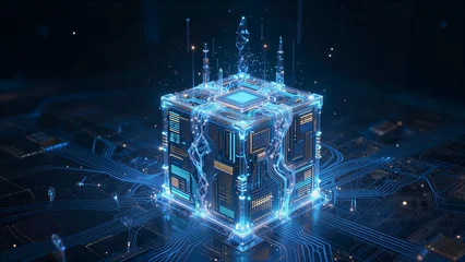 A glowing blue cube with circuitry, floating on a digital motherboard. © joeycheung