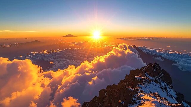 Golden sunrise over a majestic mountain peak above a sea of clouds