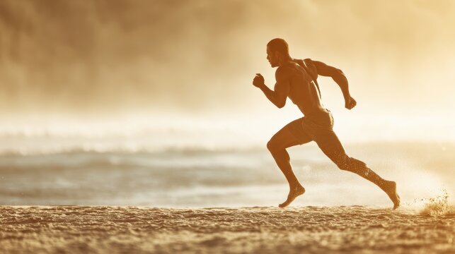 Cardio sports exercise, healthy lifestyle. A man running on the beach at sunset, captured in a highresolution, longexposure photograph. The mans muscular physique is illuminated by the warm.