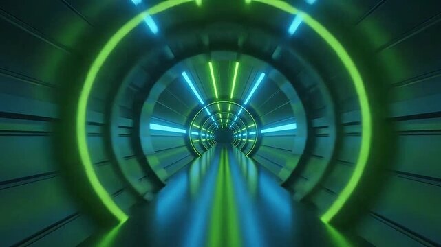 Futuristic circular tunnel with glowing green and blue neon lights
