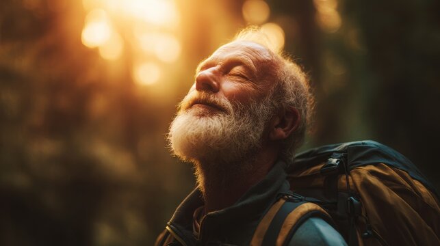 Explore adventure outdoor in National Park. A man with a beard and a backpack, captured in a side profile, gazing upward at the setting sun. The background is blurred, emphasizing the subject.