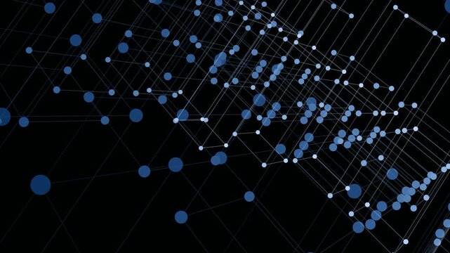 Blue plexus network nodes connected by thin lines form a complex geometric structure. Modern technology presentation background and digital data visualization asset